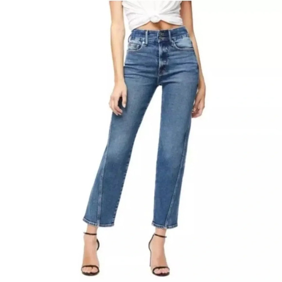 GOOD AMERICAN Blue High Rise Twist Seam Straight Leg Denim Jeans Sz. 2 26 - Picture 1 of 4